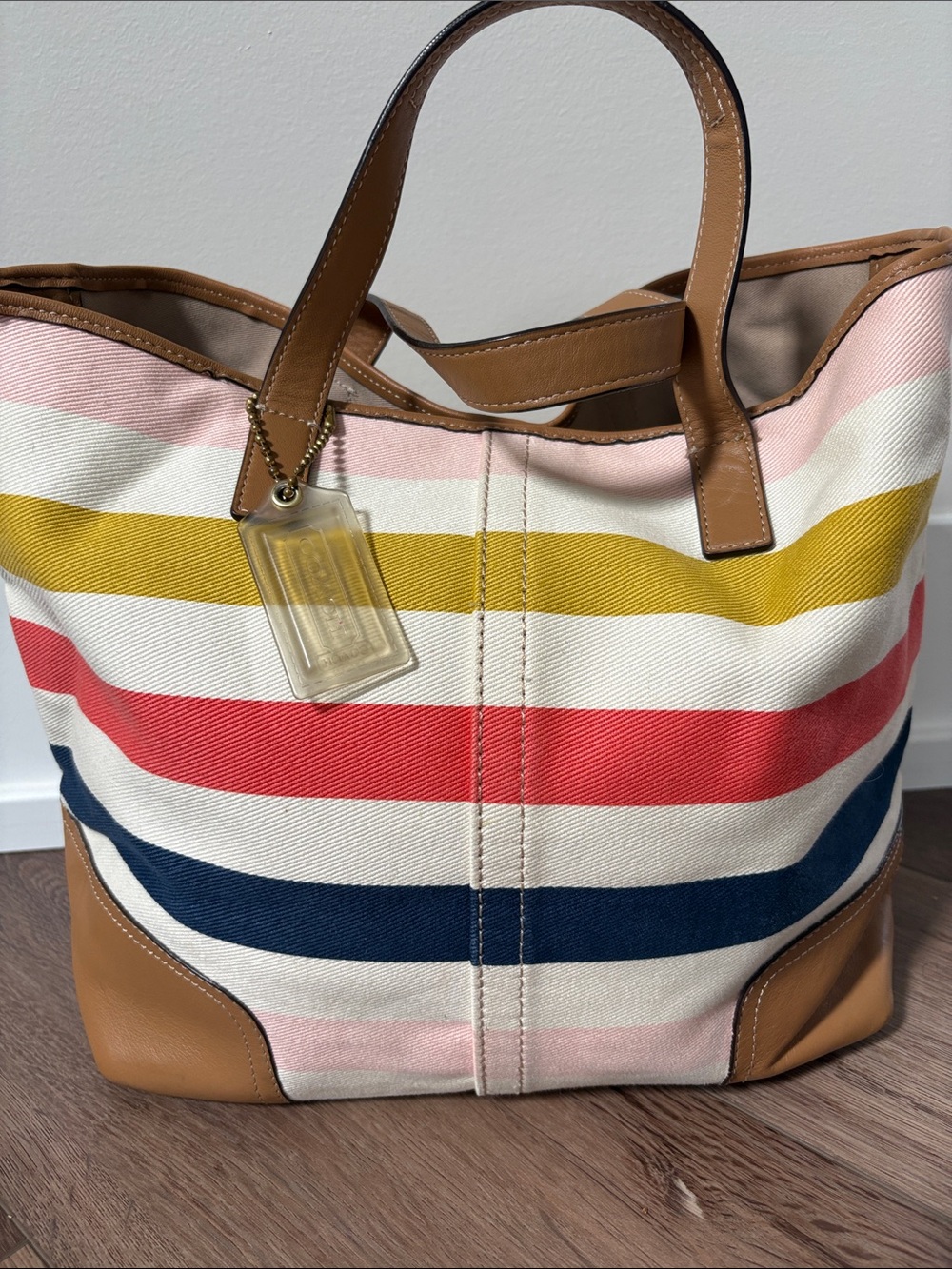 Coach Multicolor Striped Hadley Canvas Tote with Tan Leather
